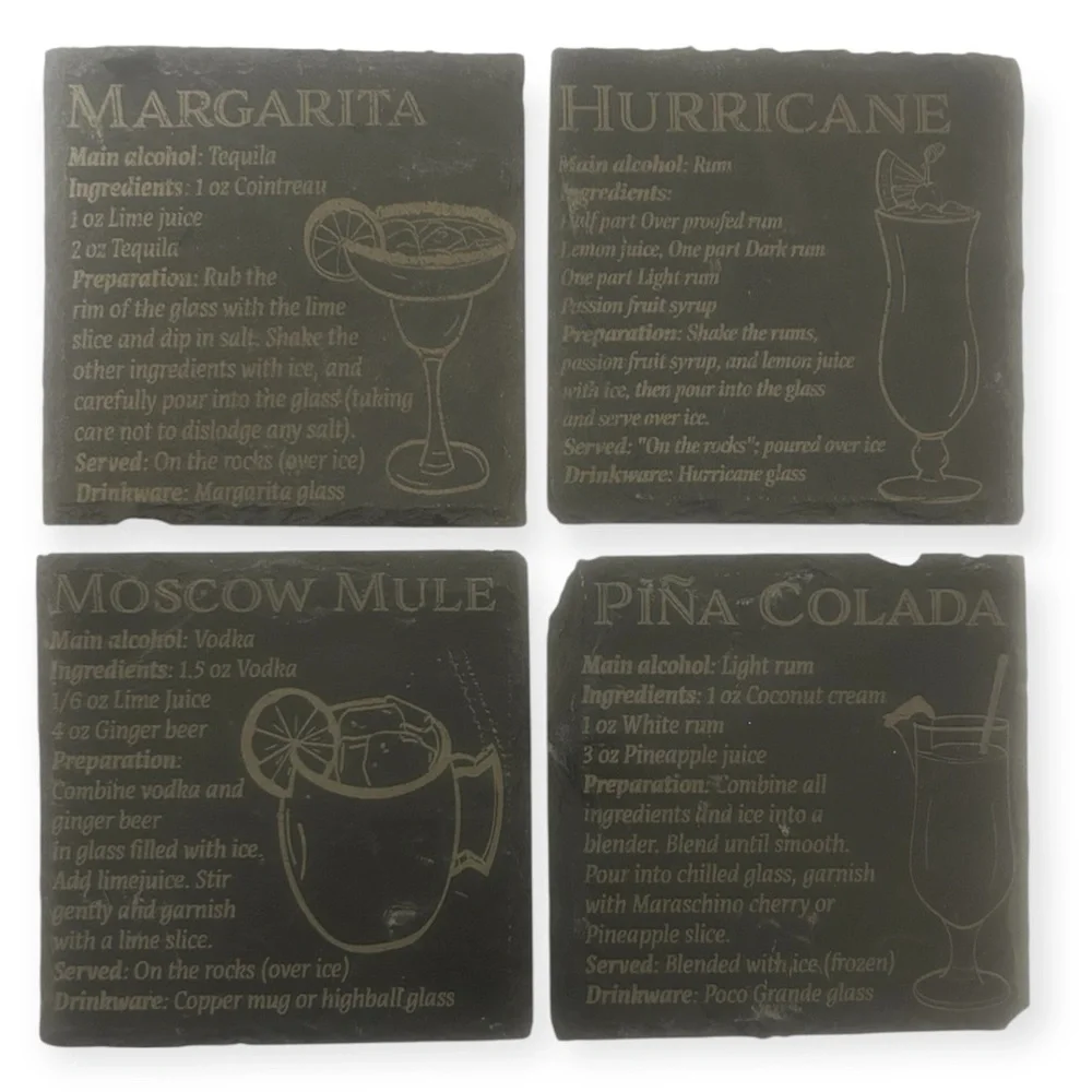 Slate Coaster Set with Engraved Cocktail Recipes